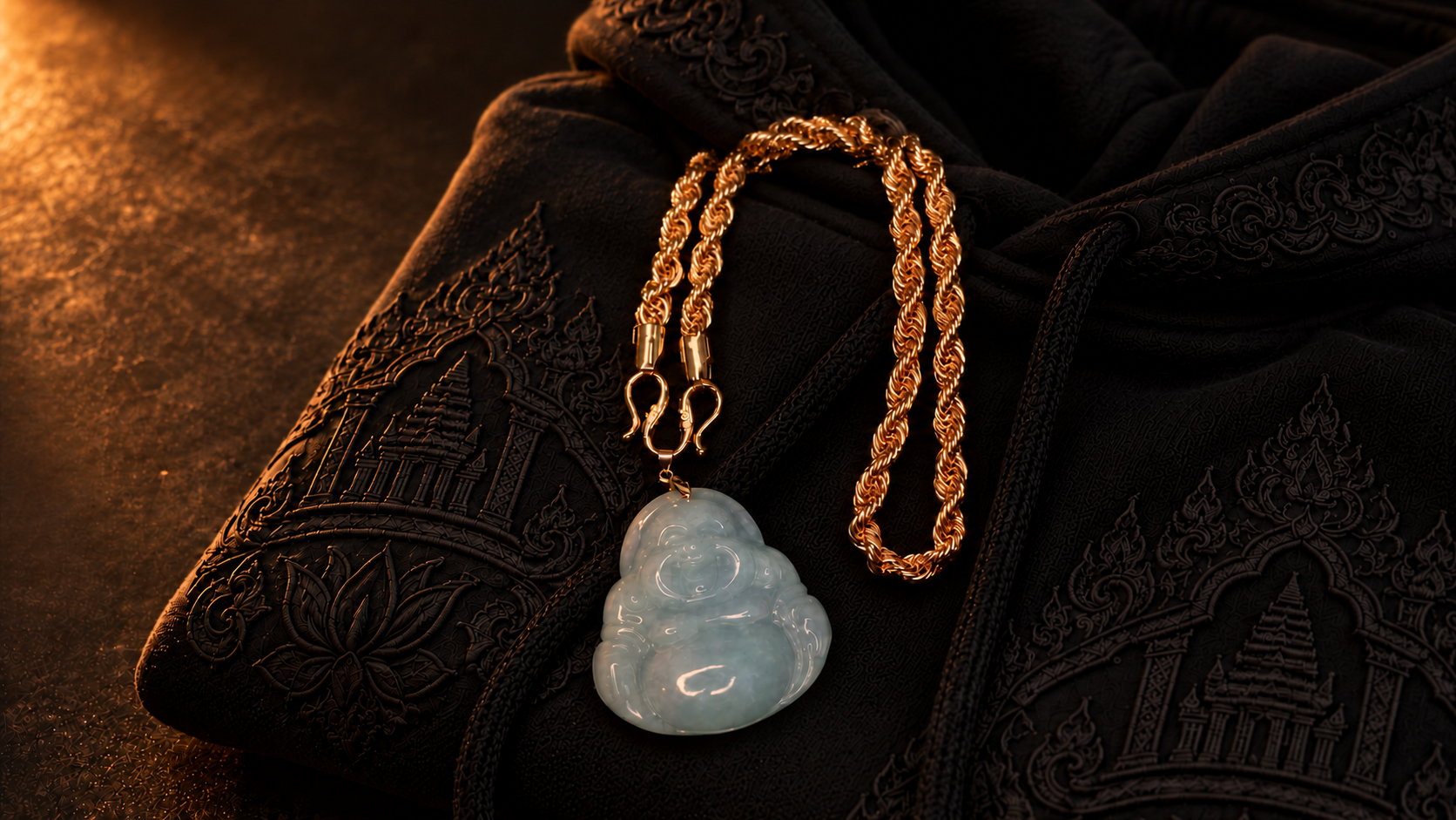 Folded black Angkorian-inspired hoodie with jade Buddha pendant and gold chain