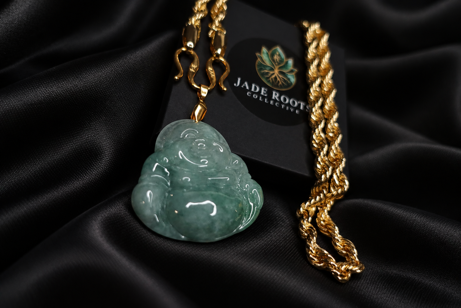 Deep green jadeite Buddha pendant with rich natural green veining and gold chain