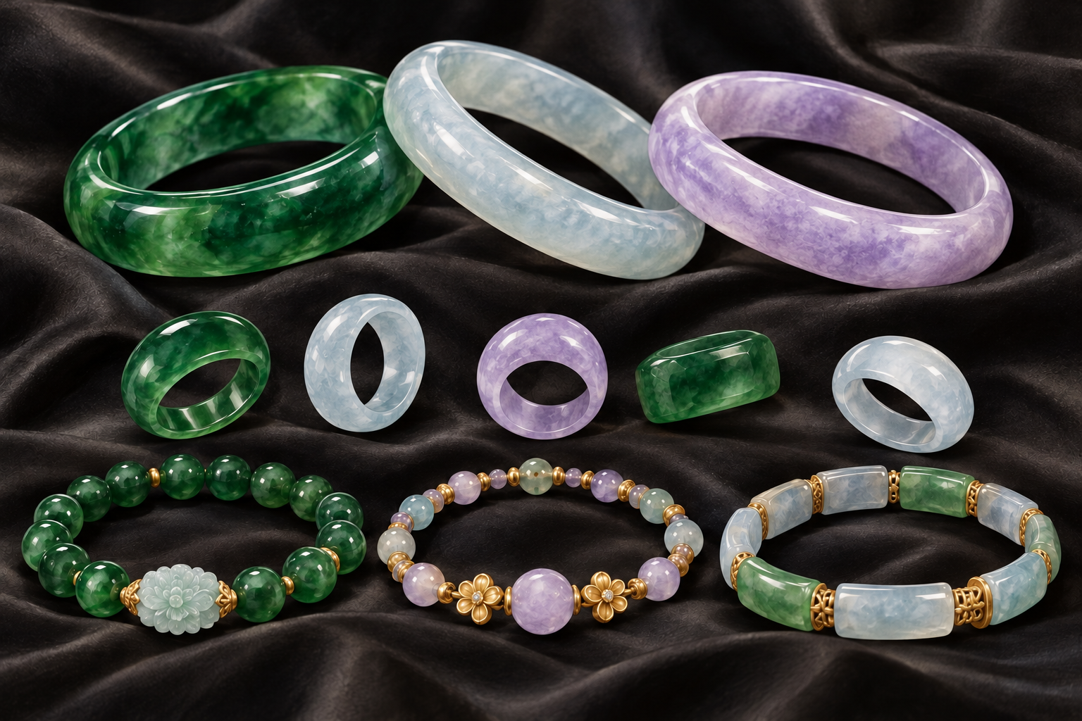 Jade bangle, ring, and bracelet design concepts on black silk